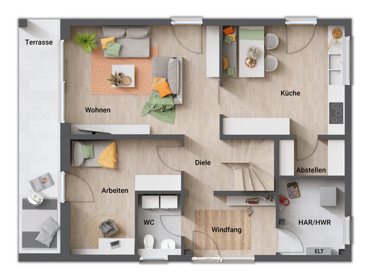 Grundriss eines modernen Erdgeschosses mit Wohnzimmer, Küche, Arbeitszimmer, WC, Abstellraum, Hauswirtschaftsraum und Terrasse.