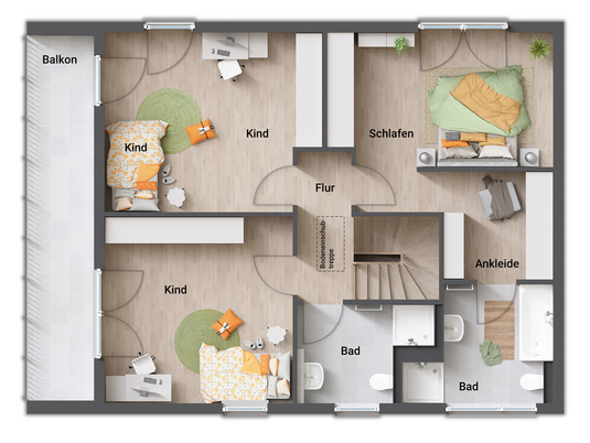 Grundriss eines modernen Obergeschosses mit Schlafzimmer, Ankleide, zwei Kinderzimmern, Balkon und zwei Badezimmern.