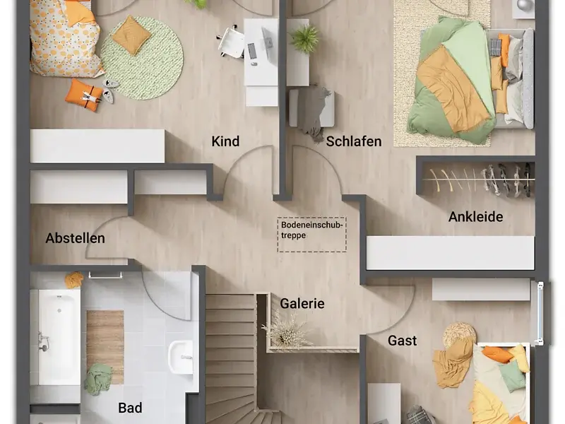 Grundriss der Stadtvilla 145 mit offenem Wohnbereich und privaten Räumen im Obergeschoss