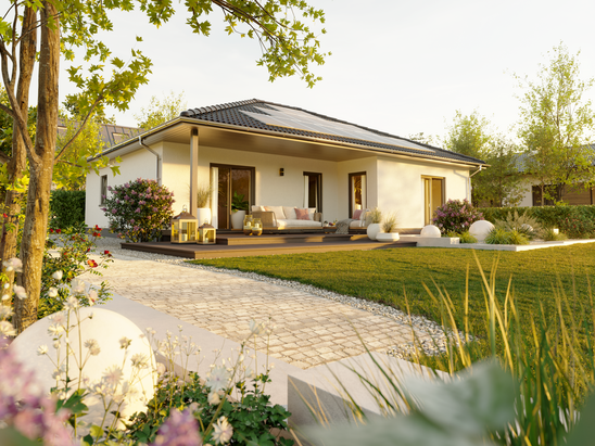 Winkelbungalow 108 als altersgerechtes Massivhaus in Kronach – ebenerdig, komfortabel, mit überdachter Terrasse und barrierefreiem Grundriss