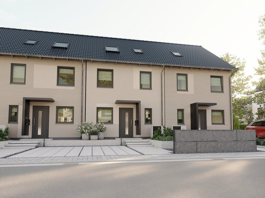 Reihenhaus Mainz 128 Neubau mit vier Wohneinheiten Straßenansicht Modernes Massivhaus Mainz 128 mit vier Wohneinheiten Straßenansicht mit Eingangsbereich und Vordach