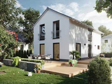  Das Einfamilienhaus Aura 125 als klassisches Massivhaus mit Satteldach, Terrasse und Garten – ideal für Familien