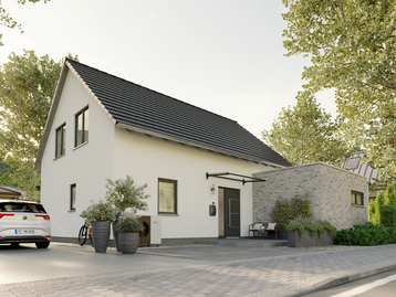 Modernes Einfamilienhaus mit Satteldach, Flachdachanbau und stilvoller Hauseingangsgestaltung